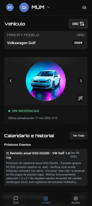 Vista del vehículo en Autonality, modo oscuro