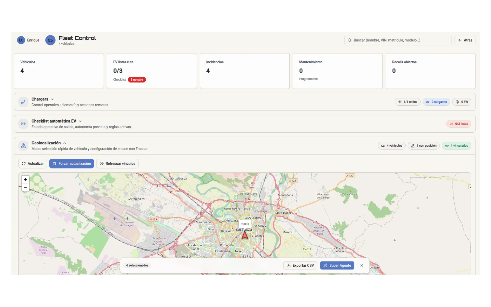 Panel operativo de Autonality para flota, carga e incidencias